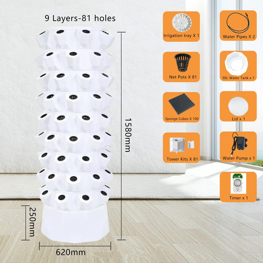 Hydroponic Growing System Indoor Garden,Hydroponics Tower for Strawberry Vegetable Herbs Fruit,Vertical Garden Planter with Hydrating Pump, Timer, Adapter, Seeding Bed & Net Pots (81 Pots)