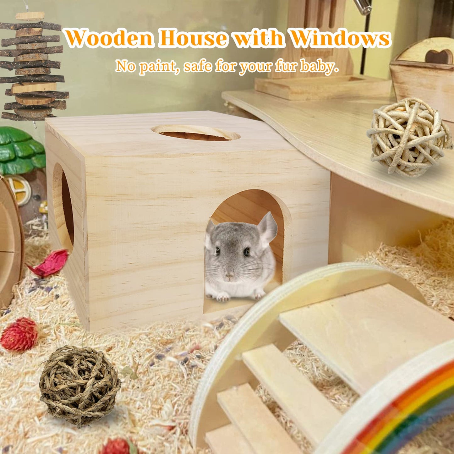 Fhiny Guinea Pigs Wood House Chinchilla Hut Hideout Natural Wood Multiple Doors Small Animal Chewing Molar Activity Toys Hamsters Habitat Cage for Hedgehog Squirrel Sugar Gliders