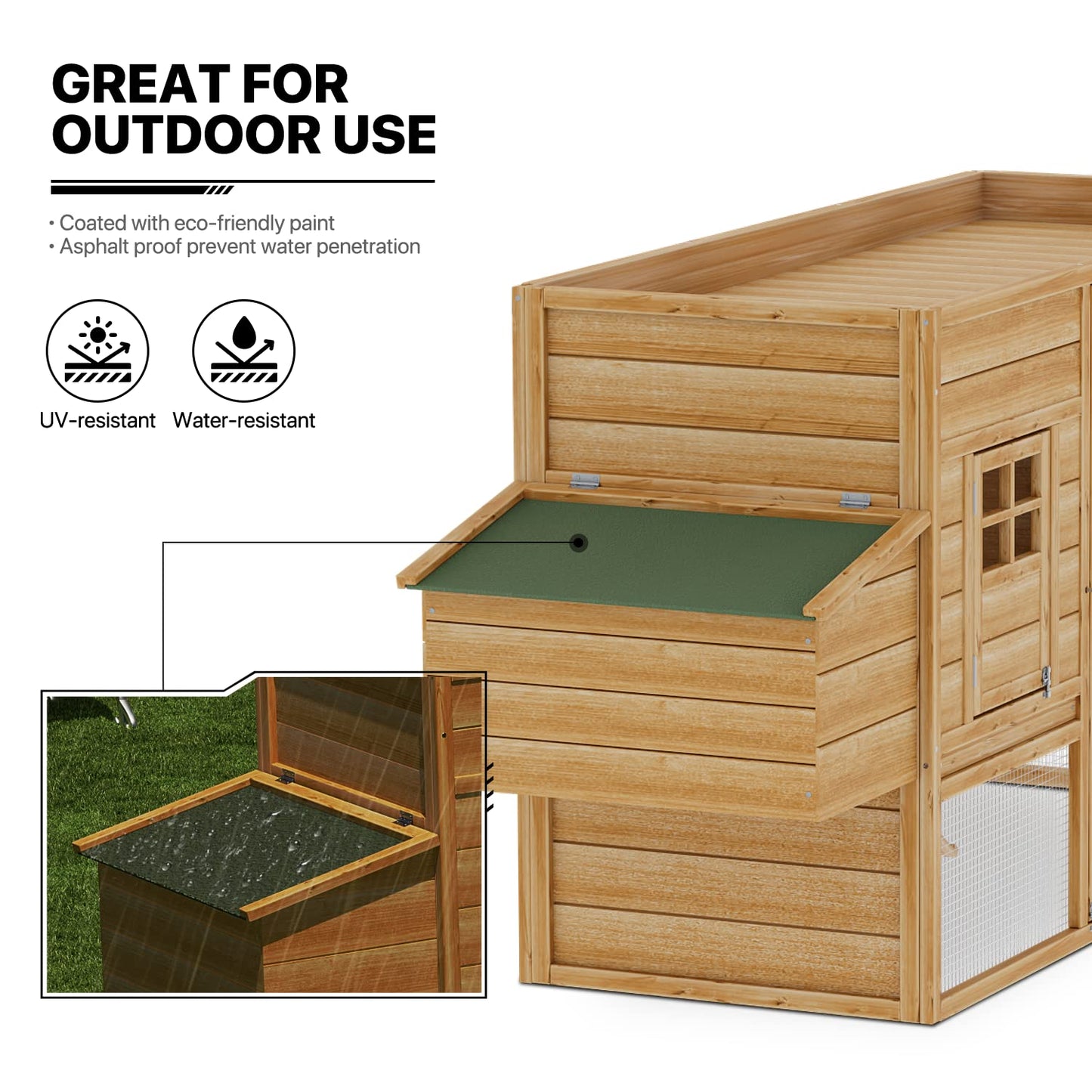 MoNiBloom 2-Layer Chicken Coop with Run and Nesting Box, Ventilation Wire Fence Wood Chicken House Duck Hutch Bunny Cage with Removable Tray Ramp and Waterproof Asphalt Roof 64 x 25.5 x 40 inch