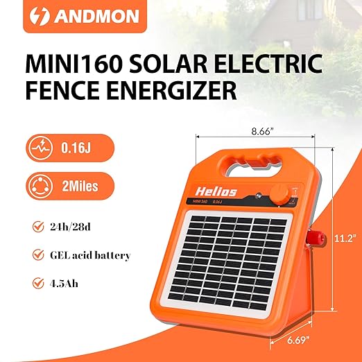 MINI160 10 Miles Solar Fence Charger, 0.16 Joule Solar Electric Fence Charger for Livestock, Pigs, Horses, Cattle Sheep, Solar Powered Electric Fence with Day or Night Mode, Easy Installation