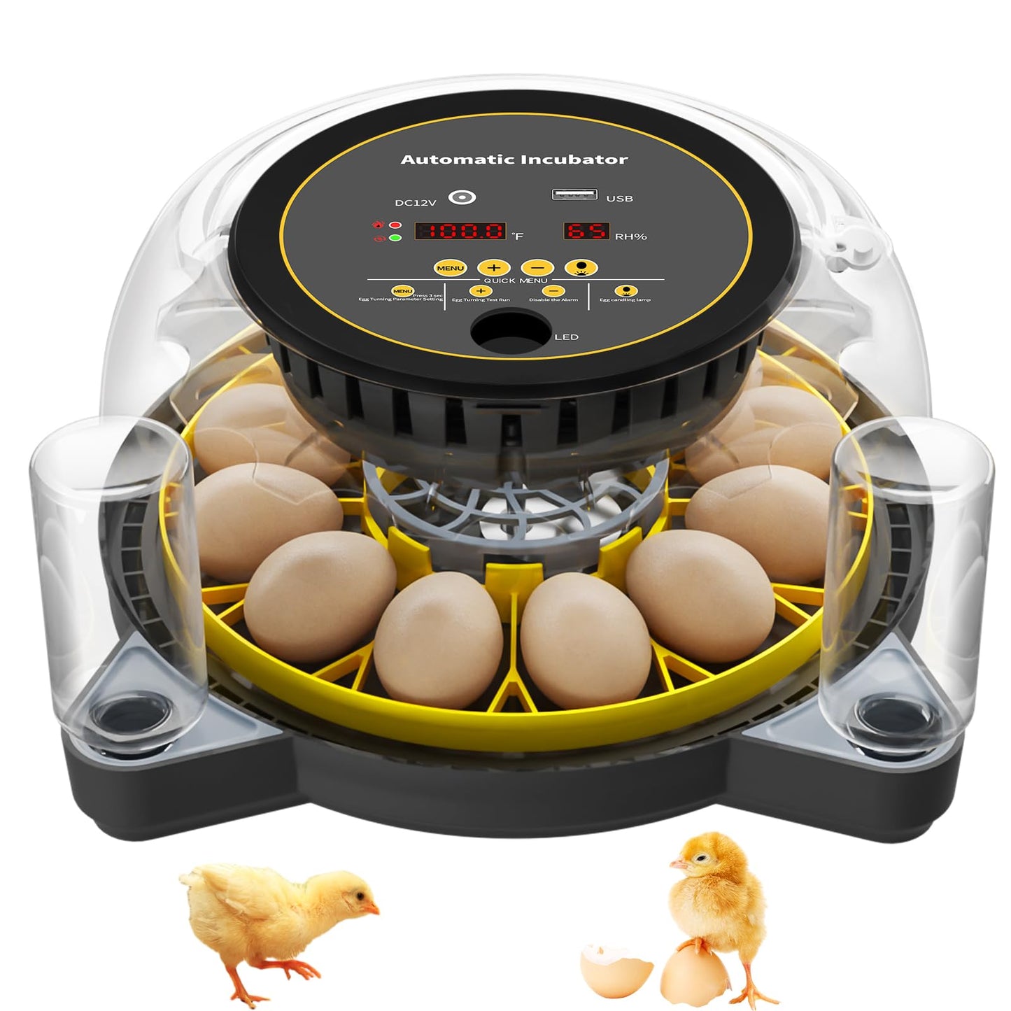 12 Incubators for Hatching Eggs, Egg Incubator with Automatic Egg Turning and Humidity Control, Incubator for Chicken Eggs, Egg Candler, Hatching Eggs for Chick Quail Duck, with Water Bottles -Black