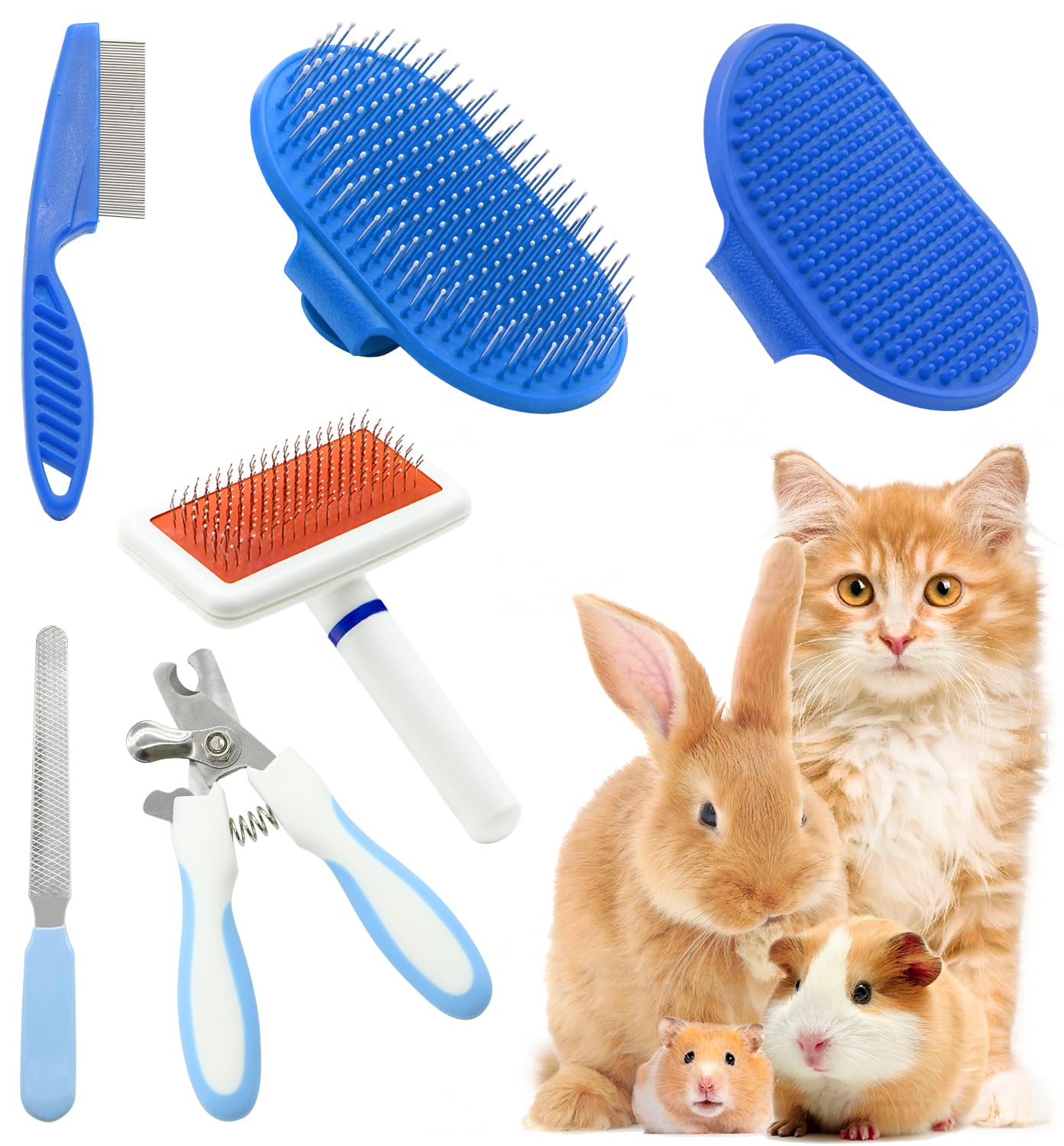 Pet Grooming Kit with Slicker Brush Bath Massage Glove Brush Pet Shedding Comb Nail Clipper Trimmer 6 Piece Set for Rabbit Kitten Guinea Pig Cat Chinchilla Ferret Small Animals