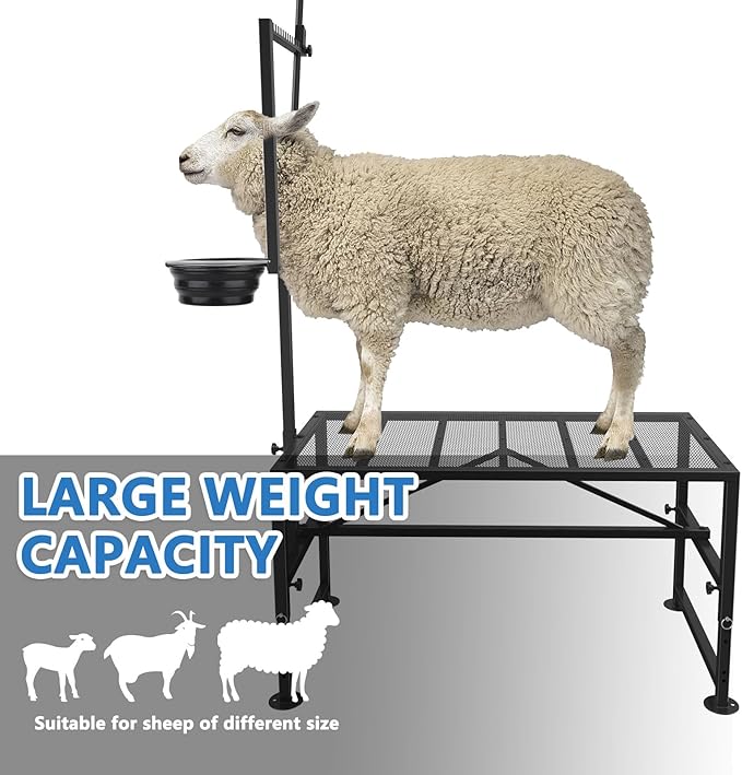 600 LBs Goat Stand with Feed Bin, Goat Milking Stand for Sheep Trimming and Milking, Hoof Trimming Stand Adjustable Size, with Feeder, Iron Black