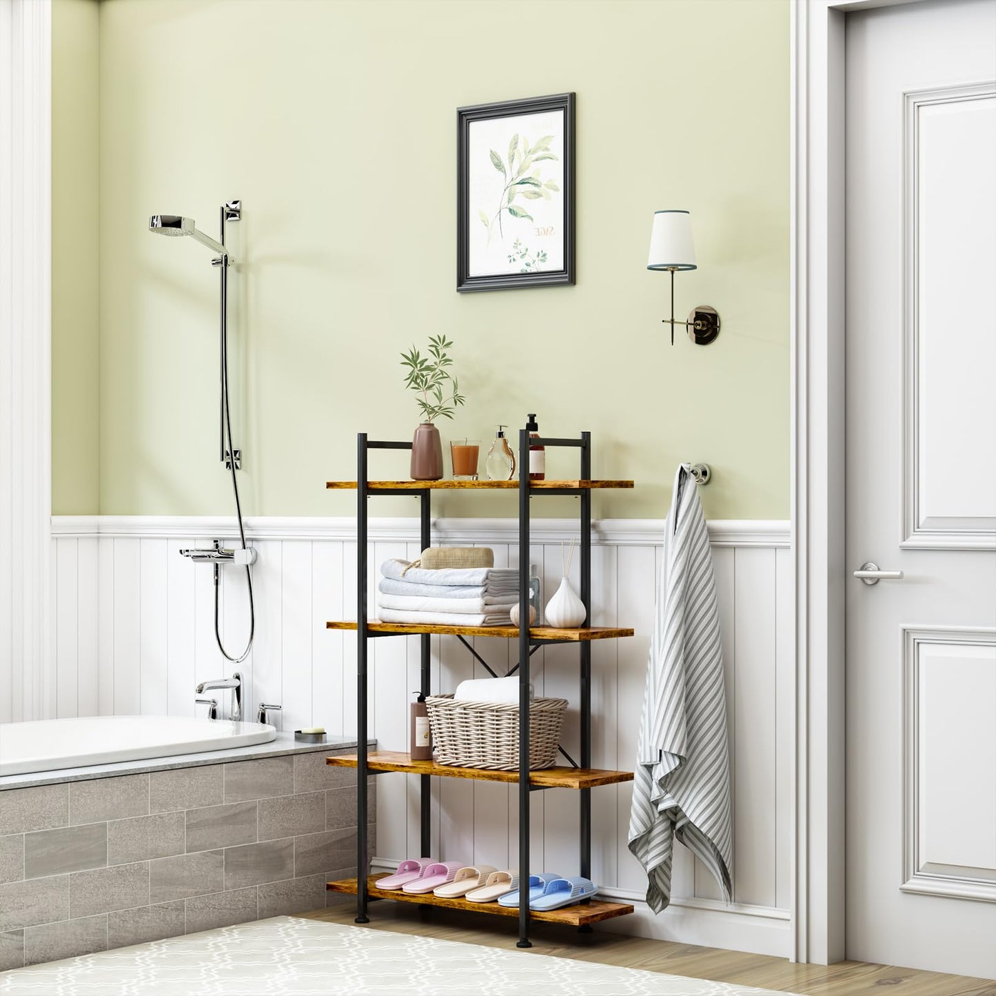 Azheruol 4 Tiers Bookshelf Rustic Brown Wooden Storage Shelf, Industrial Shelf Book Organizer,Modern Open Display Storage Bookcase,Metal Bookshelf Standing Tall Shelving Units for Home Office Study.
