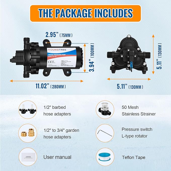 YOUNGTREE 110V Industrial Water Pressure Diaphragm Pump 4.0GPM 50PSI On Demand RV Electric Water Transfer Pump 110Volt AC with Garden Hose Adapters for Irrigation Home Pool Draining Sprinkler