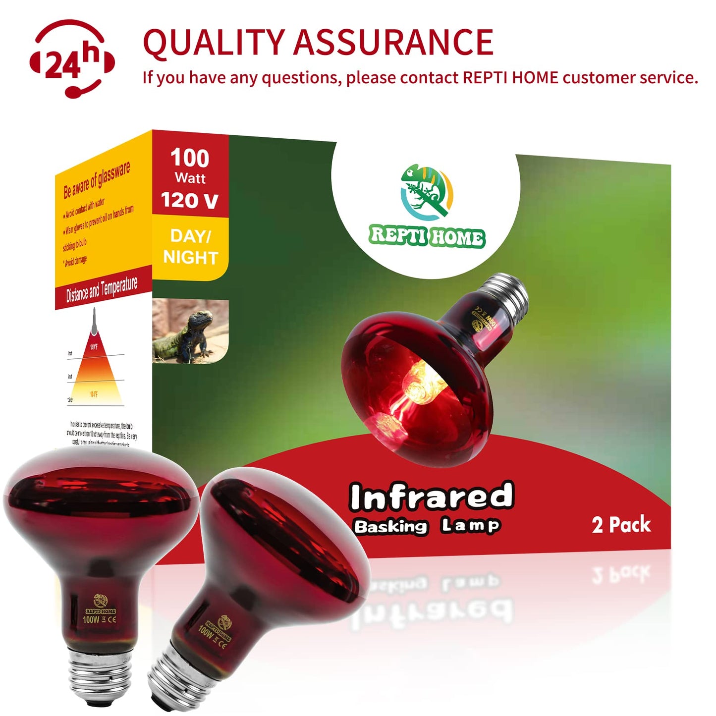 REPTI HOME Reptile Heat Lamp Bulbs,Infrared 100W Reptiles & Amphibians Basking Spot Lamp Bulb, 2 Packs Red Heat Emitter Light for Chickens Coop
