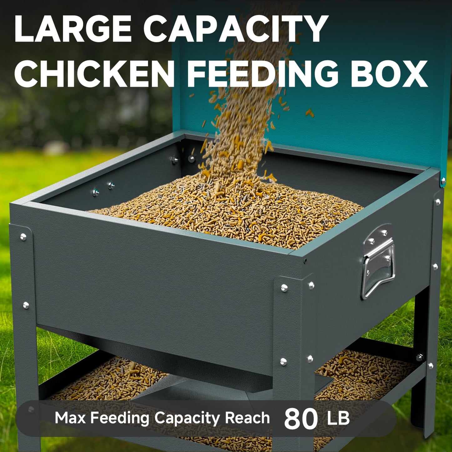 Heavy-Duty Automatic Chicken Feeder 80 lbs Capacity, No-Waste Gravity Poultry Feeder with Lid, Waterproof Galvanized Steel Feeding Box for Hens, Up to 16 Chickens for Coop & Run Use(Green)