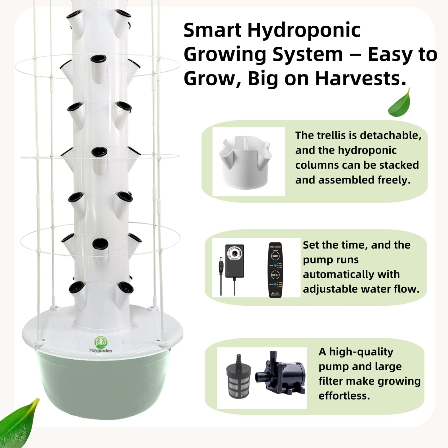 Hydroponic Growing System Kit, Vertical Hydroponic Tower with Trellis, Indoor & Outdoor Herb Garden, Vegetable Tower with 40 Planting Pods, Automatic Timer, Ideal for Gardeners & Beginners