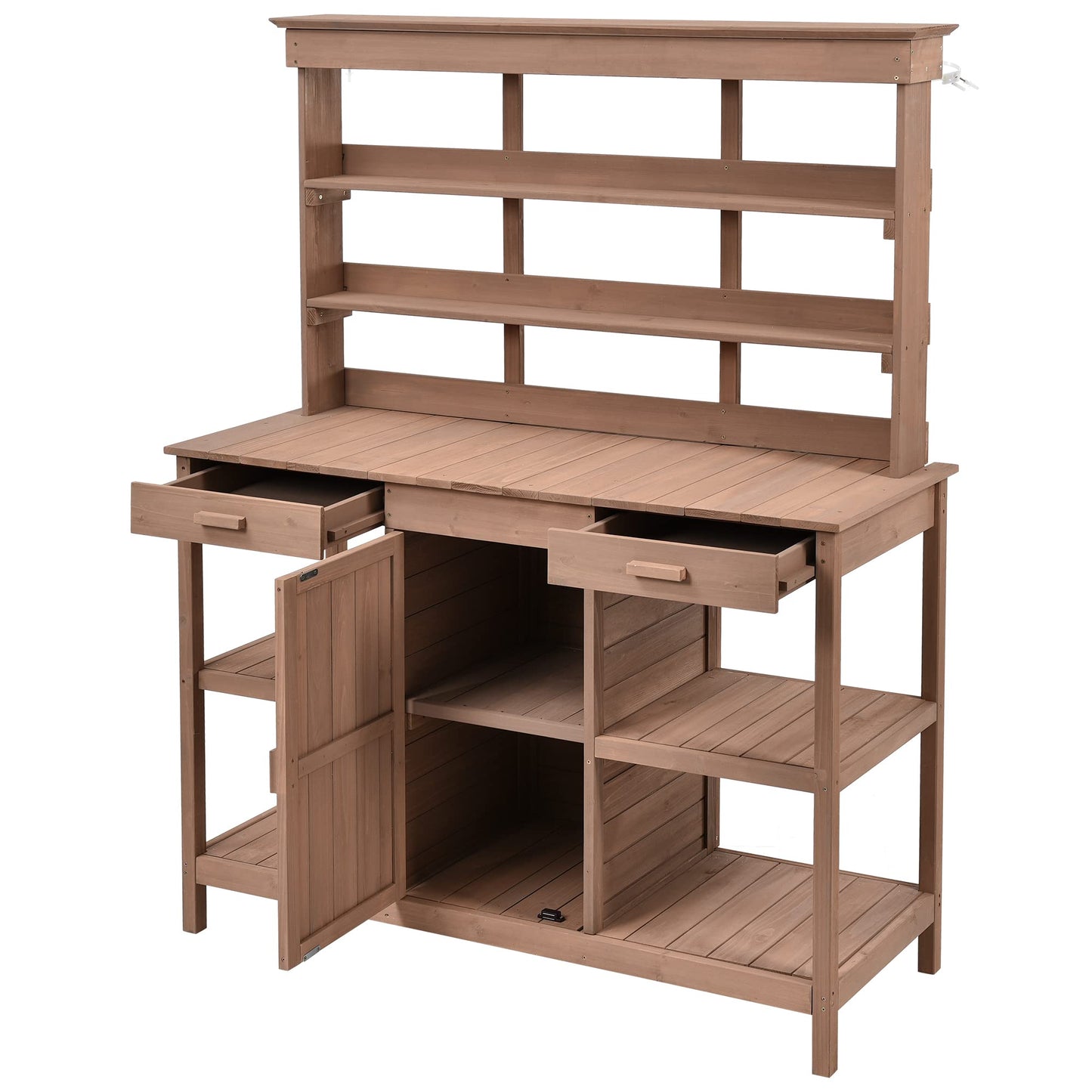 Merax 66" Large Outdoor Farmhouse Wooden Potting Bench Table, Garden Workstation with 2 Drawers, Cabinet, and Open Shelves for Backyard, Mudroom, Brown