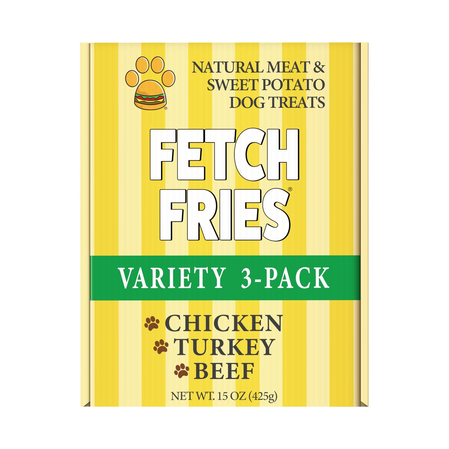 Fetch Fries Chicken, Turkey, and Beef with Sweet Potato Dog Treats, Soft Jerky for Small and Large Breeds, Naturally Healthy, Made in The USA, 3-Pack of 5 oz Bags (15 oz Total)