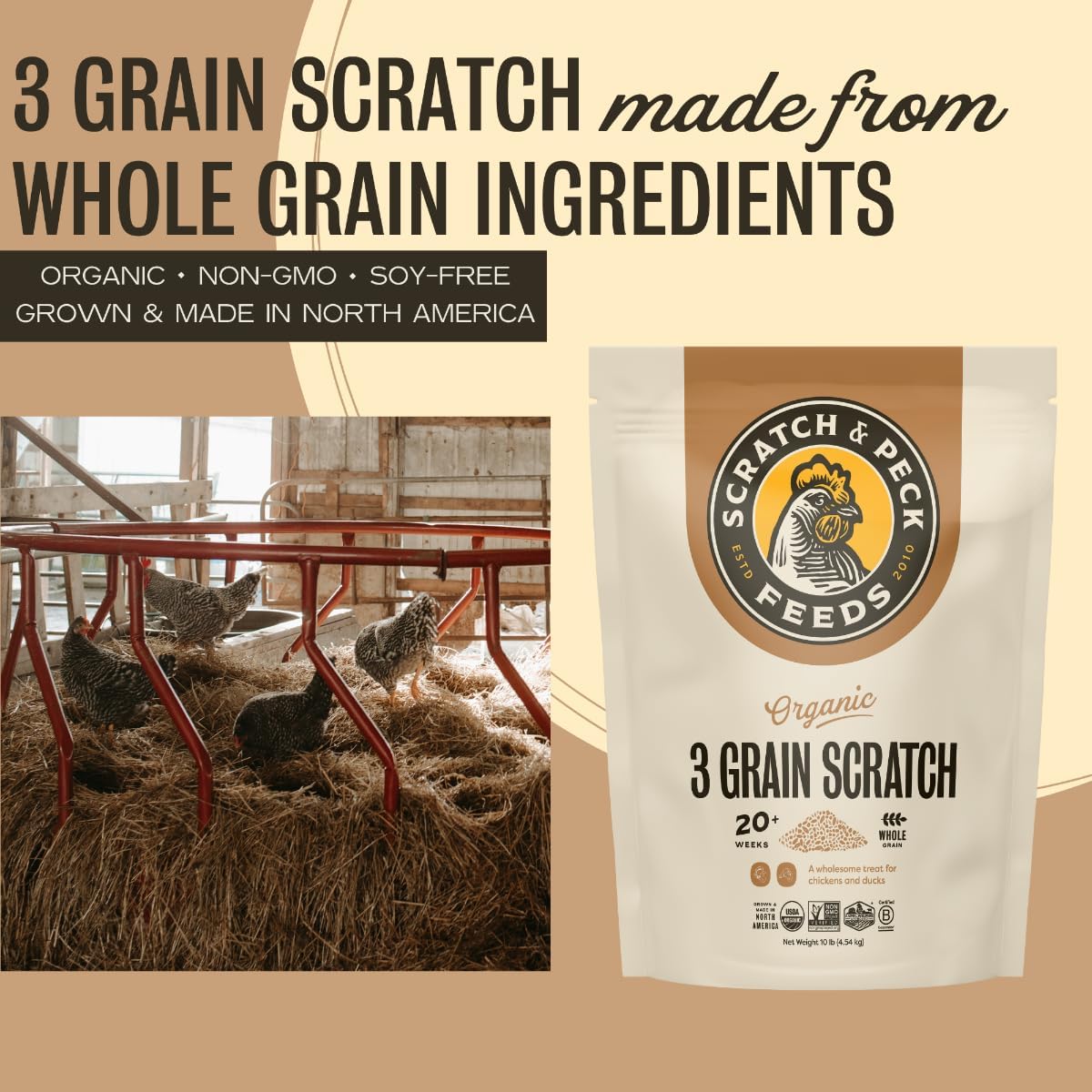 Scratch and Peck 3 Grain Scratch Chicken and Duck Supplemental Grain - 10 lbs Bag - Corn-Free and Soy-Free - 9.8% Protein, Certified Organic and Non-GMO Project Verified Chicken Food