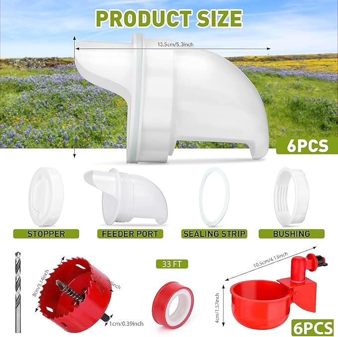 6 Pcs Chicken Feeder and 6 Pcs Water Cup Kit, Gravity Poultry Waterer Cup and Poultry Feeder Port Set with Hole Saw and Sealing Tape, Chicken Feeders No Waste for Duck Bird Quail
