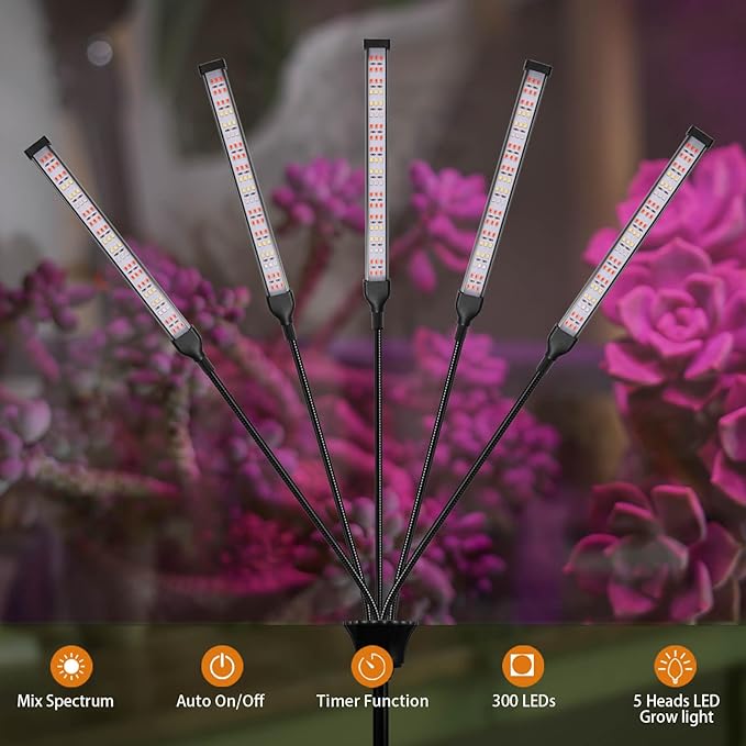 Grow Lights for Indoor Plants Full Spectrum with Stand and Timer, 5 Heads LED Plant Lights for Indoor Growing, Standing Floor House Plant Lamp for Seed Starting. (Red+Blue+White)