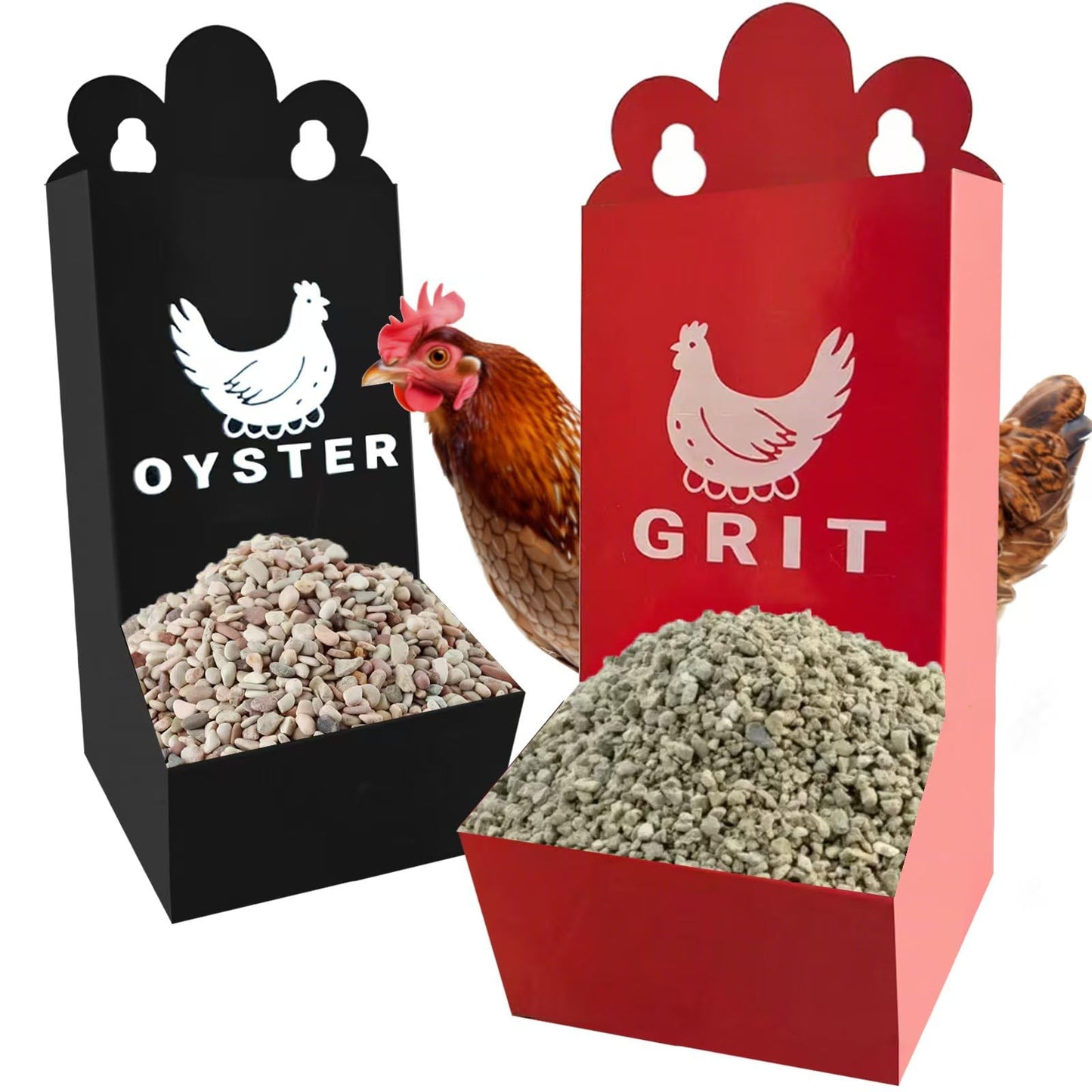 Chicken Oyster Shell Feeder and Grit Feeder Metal Chicken Feeder Chicken coop Accessories Automatic Chicken Feeder (Black & Red)
