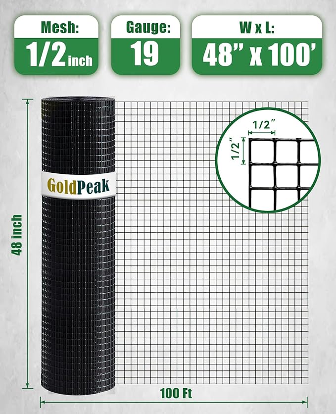 GoldPeak Black Hardware Cloth 1/2 inch 48 inch x 100 Foot 19 Gauge - Vinyl Coated Welded Wire Mesh Roll Chicken Wire Fencing Garden Fence Tree Guard Hardware Mesh Wire Fence Roll