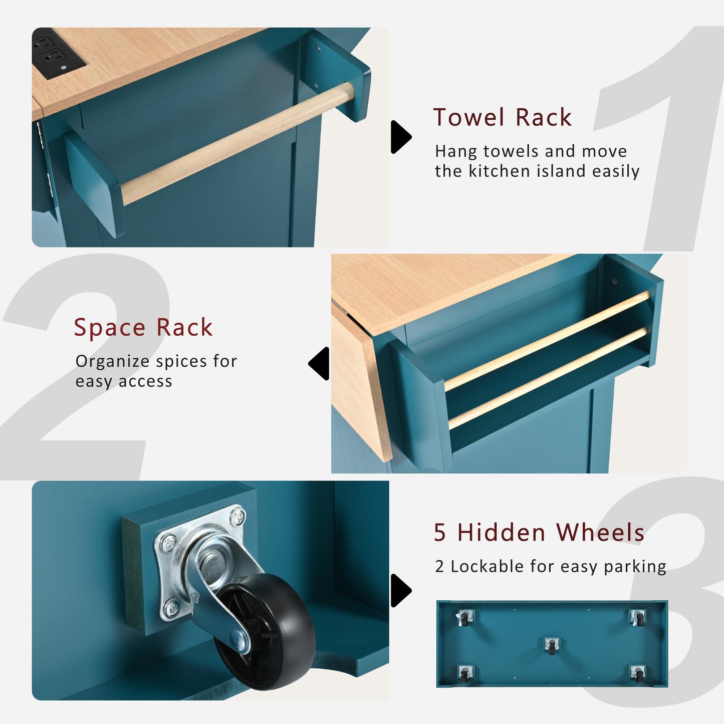Merax 55.7" Large Kitchen Cart Island on Wheels with 2 Drop Leaf,Power Outlet,3 Drawers,Wood Cabinet for Dining Room