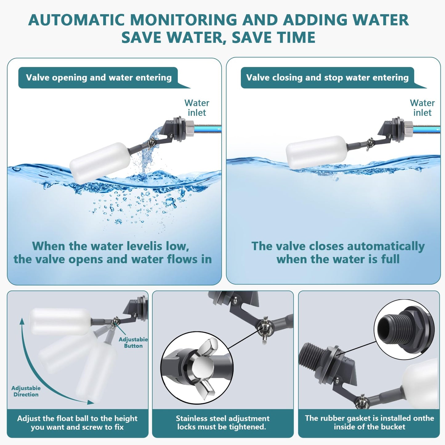 Lilyang Float-Controlled Automatic Chicken Waterer for Continuous Fresh Water, Self Filling Chicken Waterer with 60 Inch Water Hose (One End 3/4''), Suitable for Quail Duck Turkey(Blue, 2 Gallons)