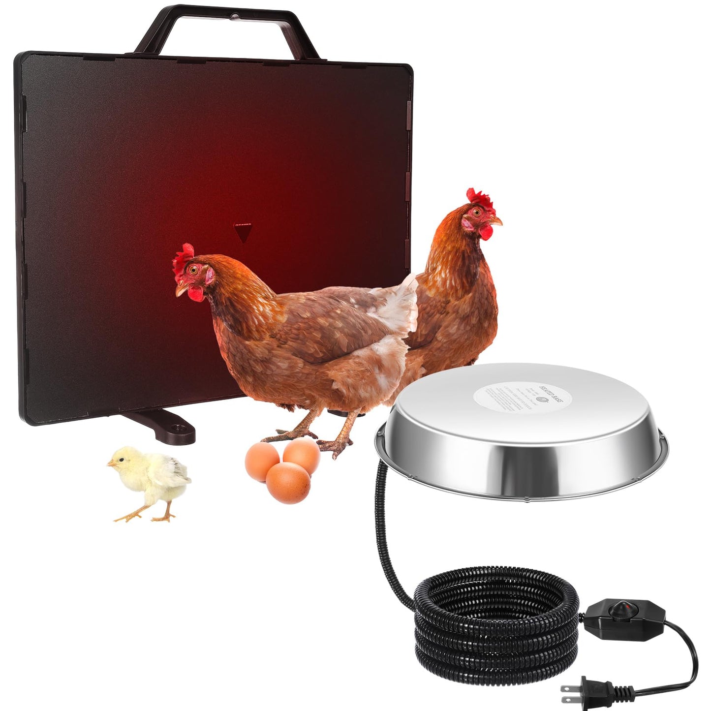 VIHOSE 2 Pcs Chicken Heater Set 1 PC Adjustable Chicken Coop Heater 77℉ to 200℉ 1 PC Stainless Steel Poultry Waterer Heated Base Radiant Heat House Heater