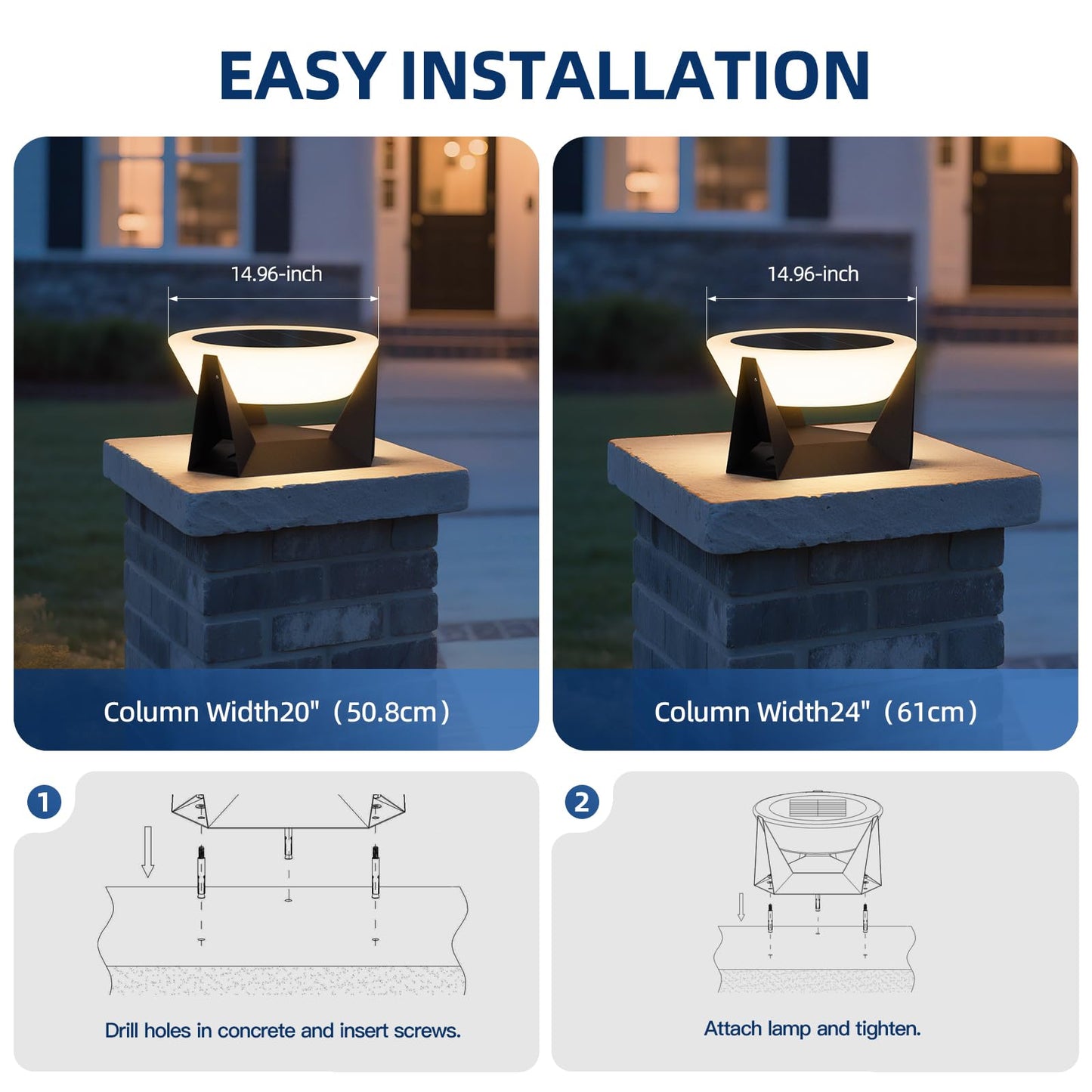 ZRJJMLAN Solar Post Lights Outdoor,14.96'' and 11.02'' Pillar Lights, Modern Column Cap Light Waterproof, 3000K LED Large Lamp Post Lantern Dusk to Dawn Column Lighting for Gate Patio Garden Pathway