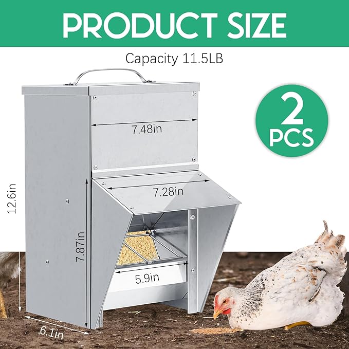Uiifan 2 Pcs 11.5-50 Lbs Galvanized Chicken Feeder Weatherproof Poultry Food Dispenser with Lid Chicken Duck Food Dispenser Rat Proof Poultry Feeder for Cock Hen Duck(11.5 lb)