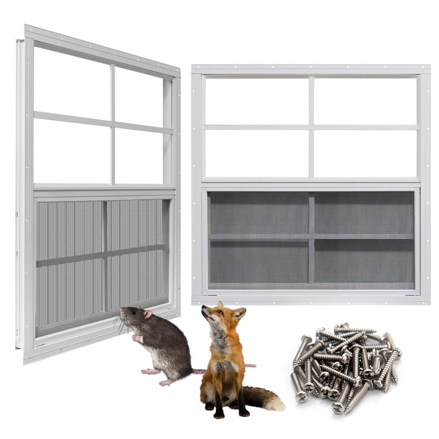 NeatiEase Upgraded Shed Windows 2 Pack, 24" x 36" Windows with Tempered Glass and Stainless Steel Screen for Shed, Chicken Coop, Playhouse, Household, Garage(White)