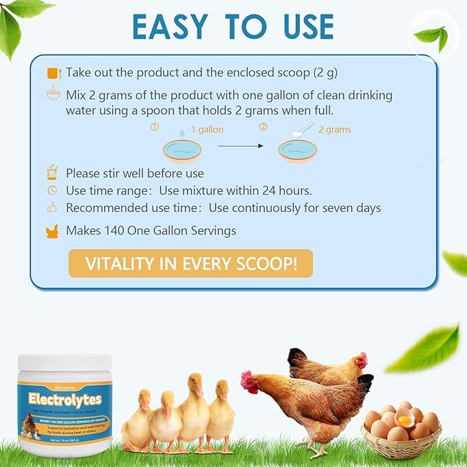 Chicken Electrolytes for Water, Electrolyte & Vitamin Supplement for Poultry, Chicks, Ducks, Turkeys, Support Hydration, Stress Recovery, Immunity, Backyard Chicken Essential, 10oz Makes 140 Gallons