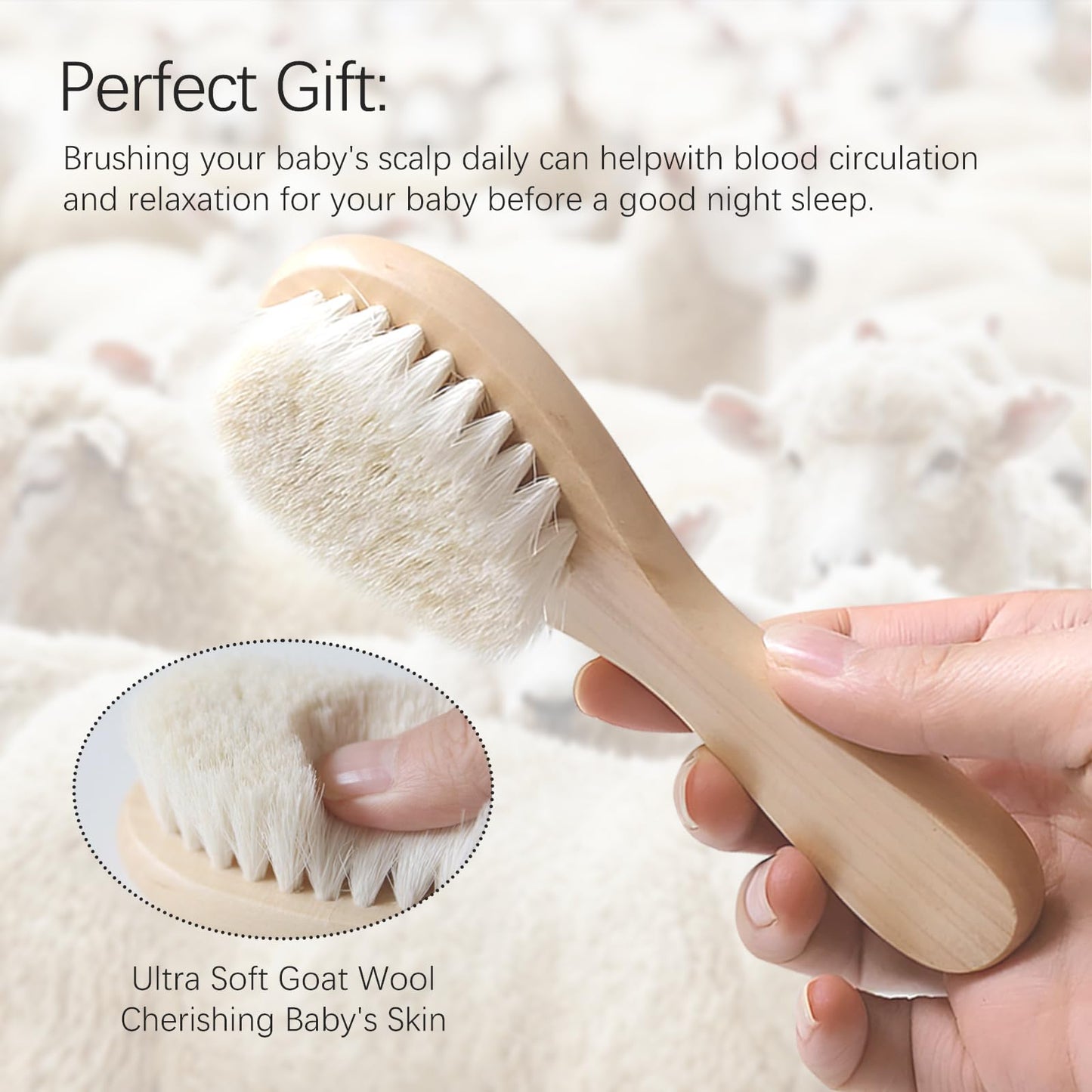 Jaasuee Baby Bath Grooming Kit Natural Wooden Hairbrush with Gentle Goat Bristles, Pear Wood Comb, and Soothing Massage Brush for Babies, Toddlers, and Kids