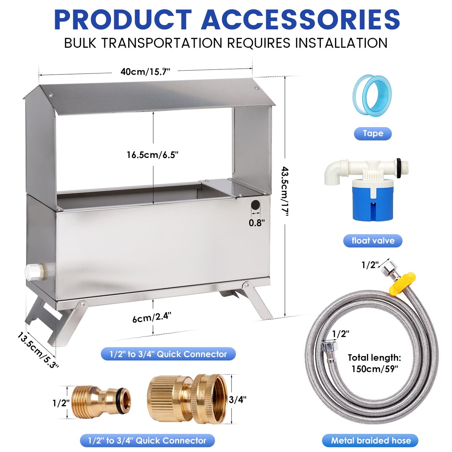 1.6 Gal Automatic Chicken Waterer Stainless Steel Poultry Waterer Dispenser with Float Valve Kit and Bottom Bracket Chicken Waterer Feeder for Hen Duck Goose Turkeys
