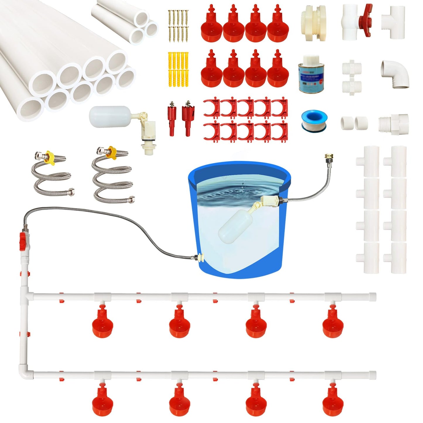 Complete Set Pipeline Automatic Chicken Waterer System with PVC Pipeline and 304 Stainless Steel Hose, Chicken Water Cups, Chicken Watering System. (No Bucket Included)