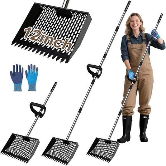 12inch Chicken Poop Scooper & Rake 2-in-1 Chicken Scooper for Poop with 36 to 77" Adjustable Stainless Steel Handle Gloves Heavy Duty Litter Sifting Shovel for Cleaning Coop Farm Pet Waste
