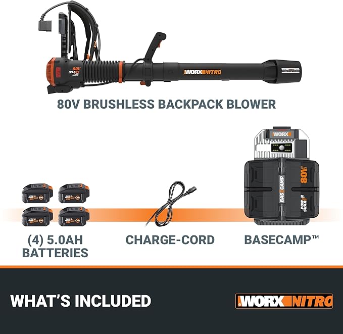 WORX Nitro WG572 80V Cordless Leaf Blower, Backpack Blower with 800CFM & 150MPH, Electric Blower for Lawn Care with Brushless Motor & Variable Air Control, 4 Batteries & Basecamp Charger Included