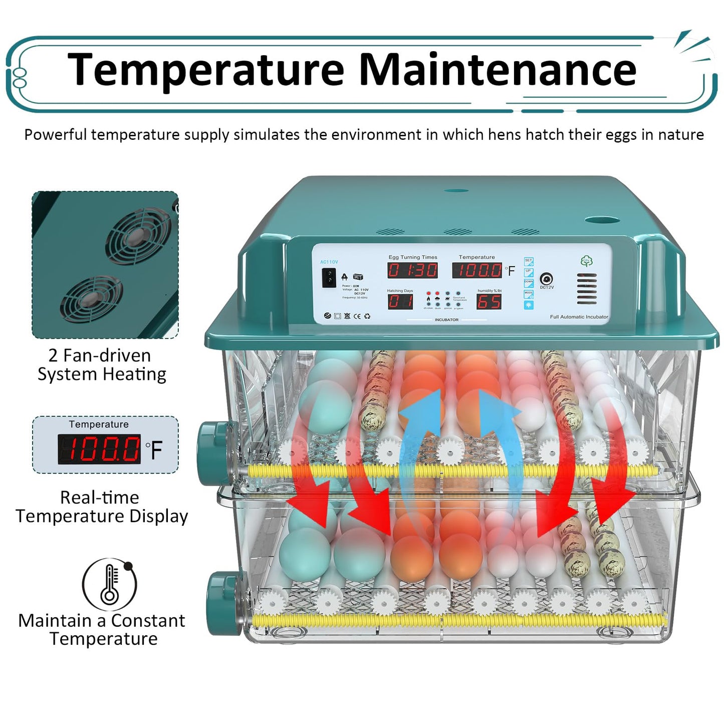 Chalixion Incubators for Hatching 120 Eggs, Egg Incubator with Automatic Egg Turning and Humidity Monitor, Temperature Control, 5 Automatic Incubation Modes and Incubation Days Record