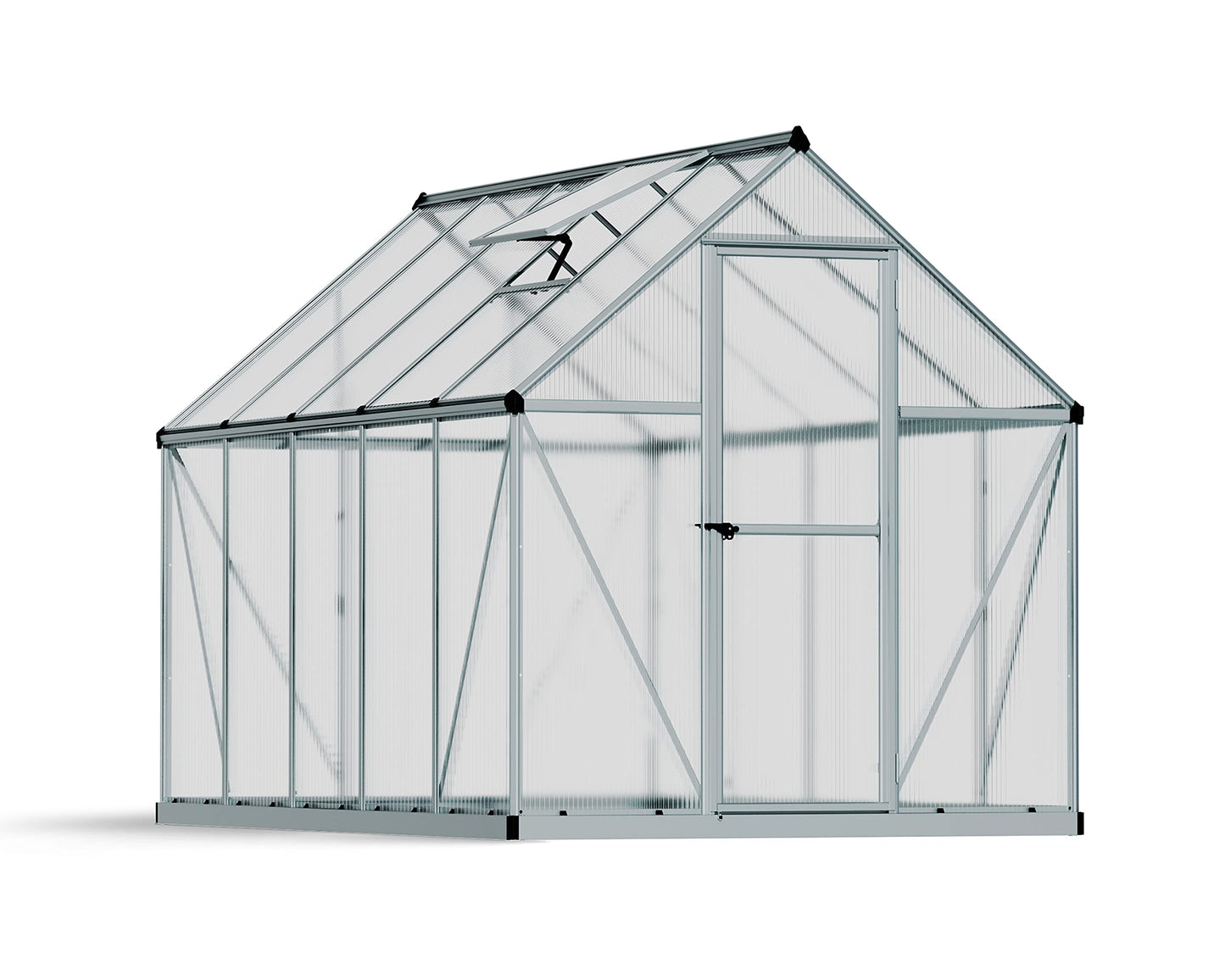 Palram - Canopia 6x10 Greenhouse Kit, Hobby Walk-In Twin-Wall UV Polycarbonate Heavy Duty Aluminum Frame, Lockable Door, Adjustable Roof Vent, Rain Gutters, Galvanized Steel Base, Mythos (Silver)