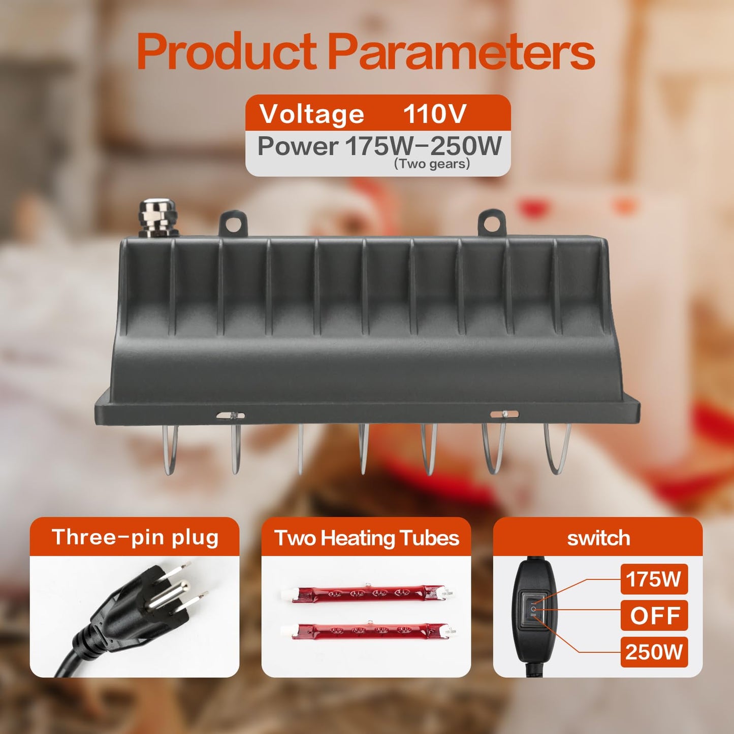 2 Pack 250W Chicken Coop Heater for Chicken Dog Kennel, Cat Bed, Reptiles & Incubators, 2 Heating Mode Warmer for Chicken Coop in Winter, Inside and Outdoor Pet Total 4 Heating Tube as Backup Lamp