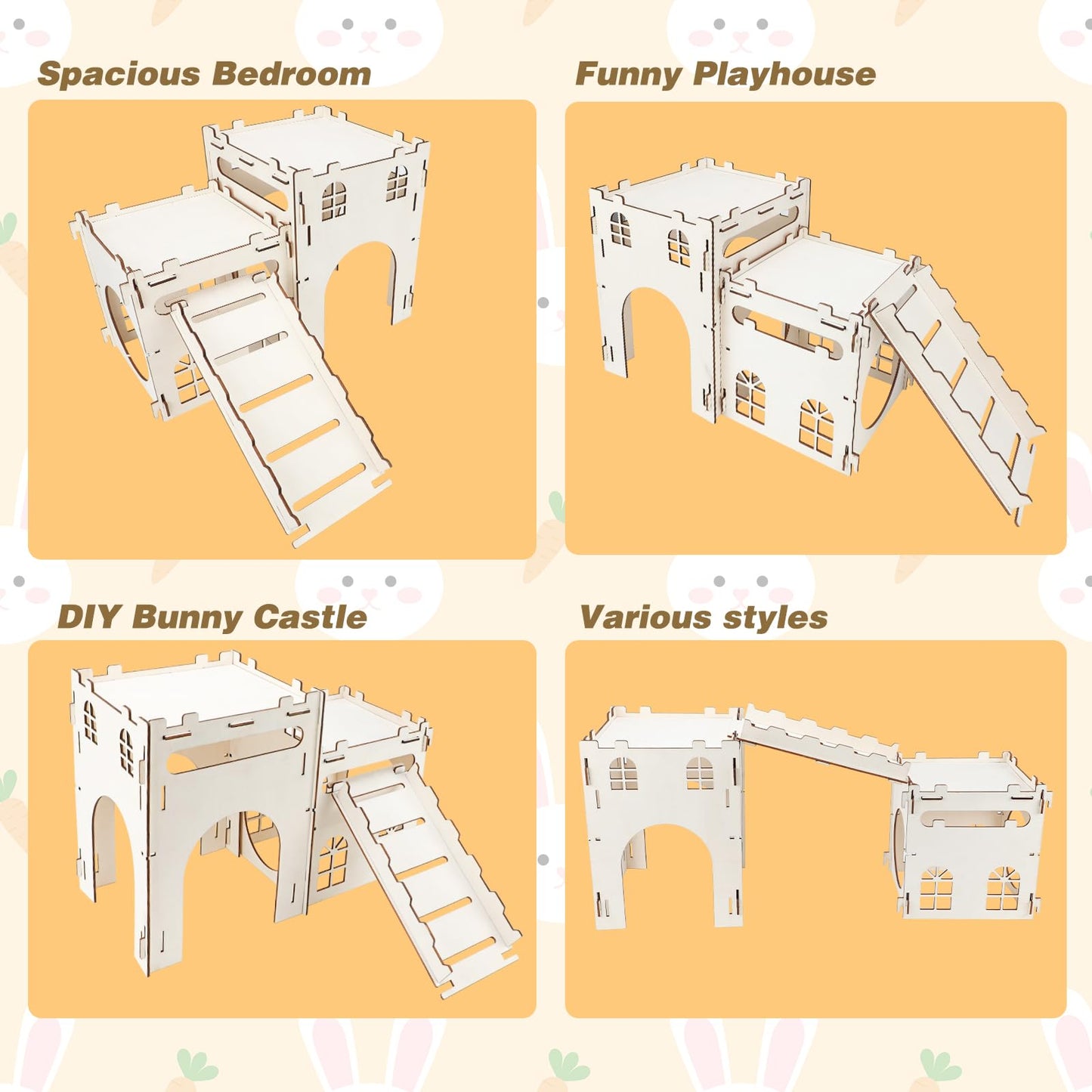 Rypet Large Wooden Rabbit Castle Bunny House, Sturdy Wood Bunny Castle with Stair, Detachable Rabbit Hideaway Breathable Small Animal Indoor Playhouse for Rabbits Hamster Guinea Pig Chinchilla Ferret