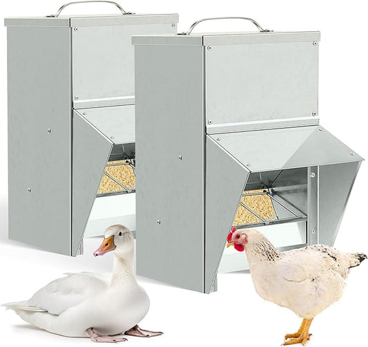 Uiifan 2 Pcs 11.5-50 Lbs Galvanized Chicken Feeder Weatherproof Poultry Food Dispenser with Lid Chicken Duck Food Dispenser Rat Proof Poultry Feeder for Cock Hen Duck(50 lb)