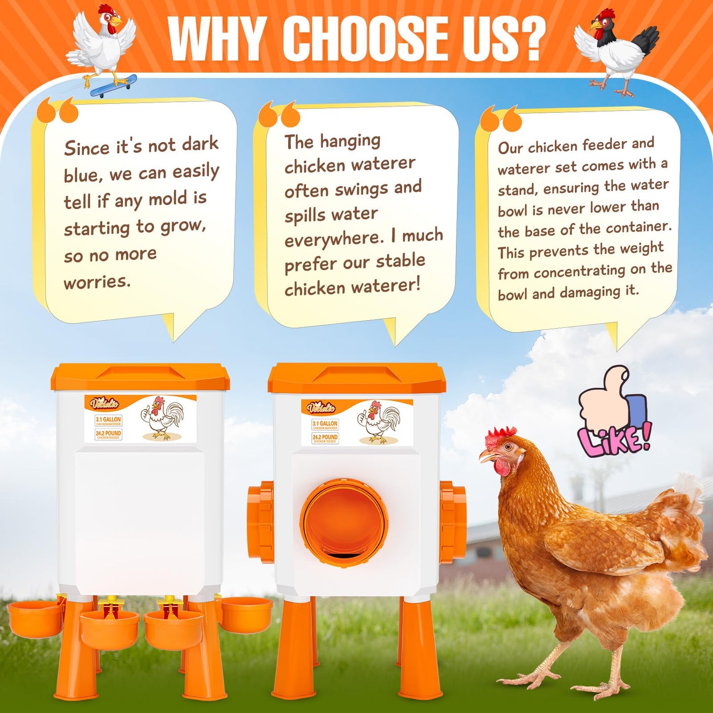 Chicken Feeder and Waterer Set, Chicken Coop Accessories, 3.1 Gallon/24.2 Pounds, Automatic Chick Feeder and Waterer Set No Waste