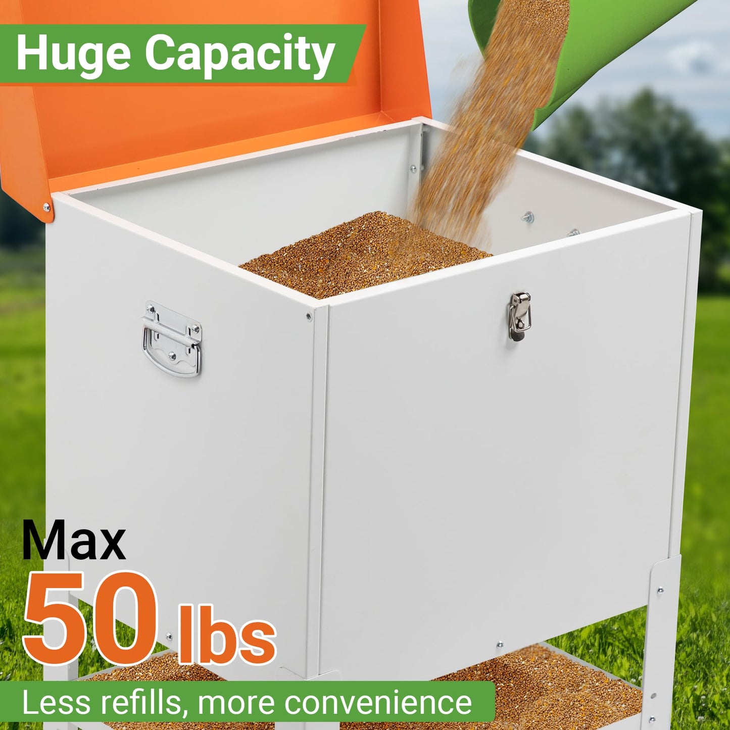 Toriexon Chicken Feeder, 50LBS Capacity Metal Poultry Feeder (16” x 12.5” x 24.5”) for 10 Chickens, Powder-Coated Steel Feeder w/Waterproof Lid and Stainless Handles