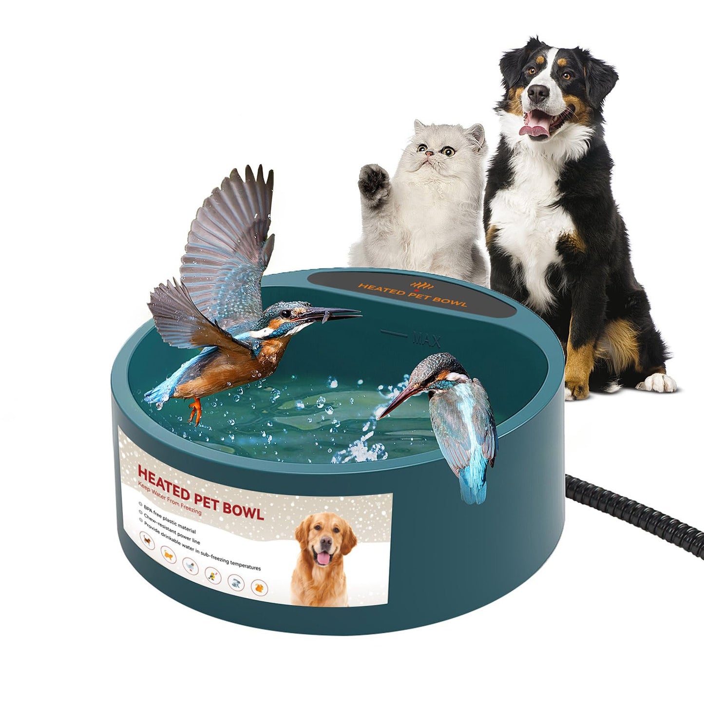 Enjoying Heated Pet Bowl for Cat Outdoor, 2.2 L, Ice Free, Heated Water Bowl for Dogs Chickens Rabbits Birds, Intellectual Temperature Control Thermal Bowl, Green