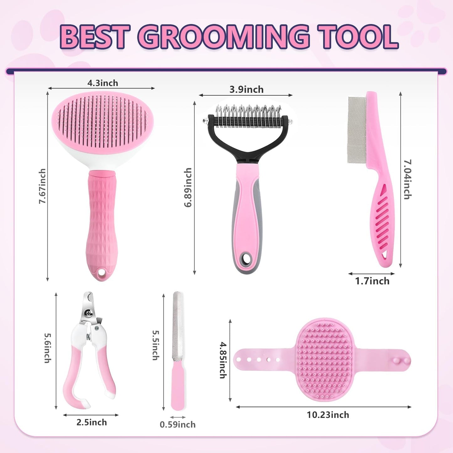 Lanswood Dog Brush Dog Grooming Kit 6PCS Dog Brush for Shedding-Dog Brushes for Grooming, Dematting Comb for Dogs, Cat & Dog Nail Clipper with Nail File, Flea Comb, Dog Bath Brush-Pink