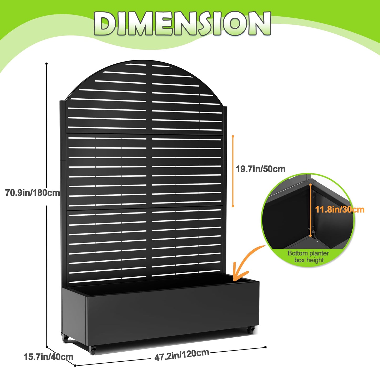 15.7"×70.9"×47.2" Metal Raised Garden Bed with Trellis and Wheels - Tall Trellis Planter Box for Climbing Plants, Vegetables & Vines - Outdoor Privacy Planters for Patio (Black-Louvered)