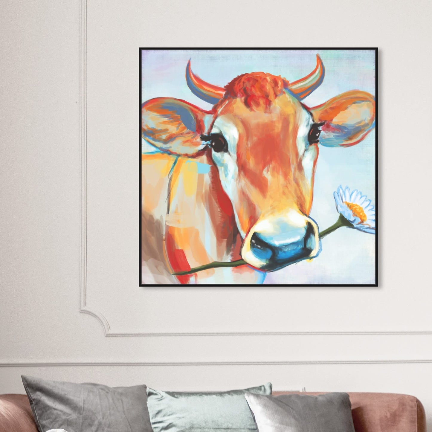 Country Farmhouse Canvas Print Painting Animal Wall Art 'Happy Cow with Flower' Black Framed Canvas Rustic Home Décor 40x40 in Orange, Brown by Oliver Gal