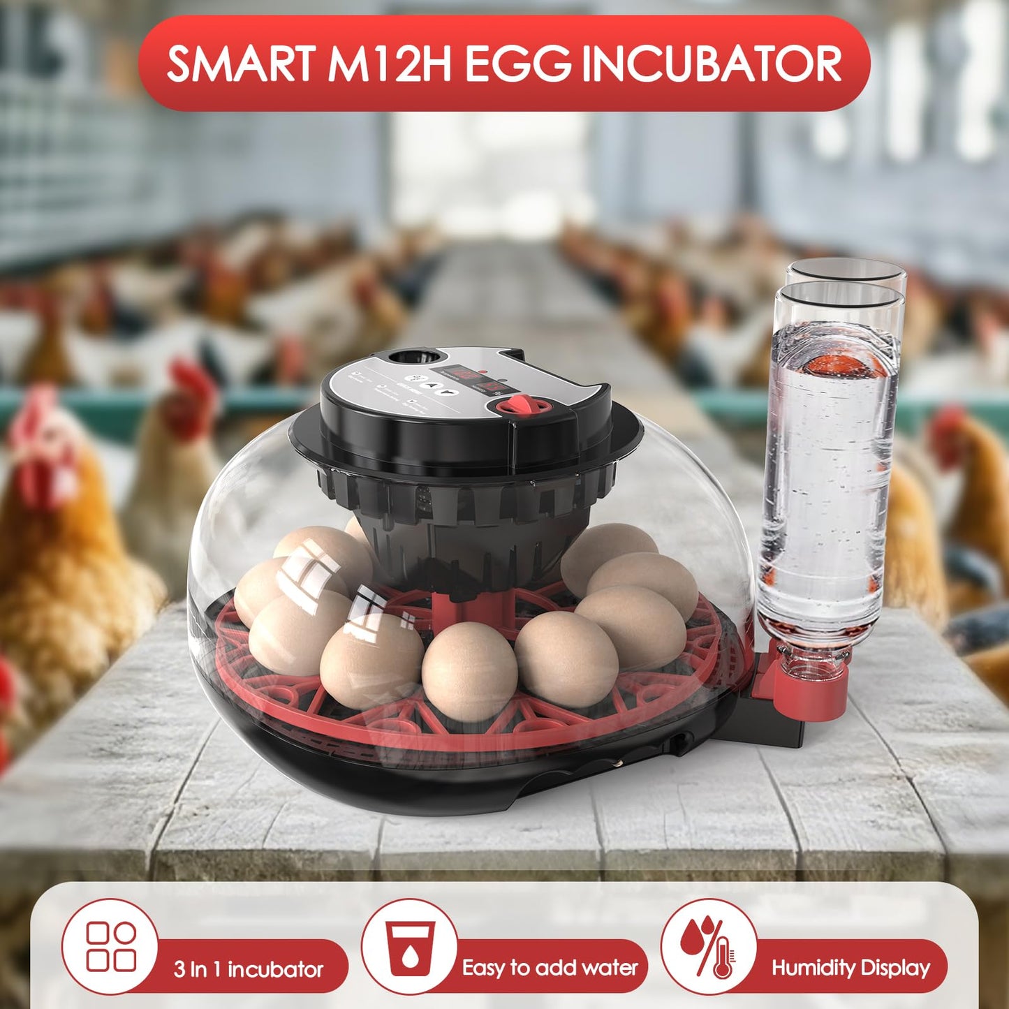 Incubators for Hatching Eggs Automatic Egg Incubator with Temperature Control Humidity Display 12 Egg Capacity for Chicken Duck Goose Eggs Digital Display Auto Turner 360° View