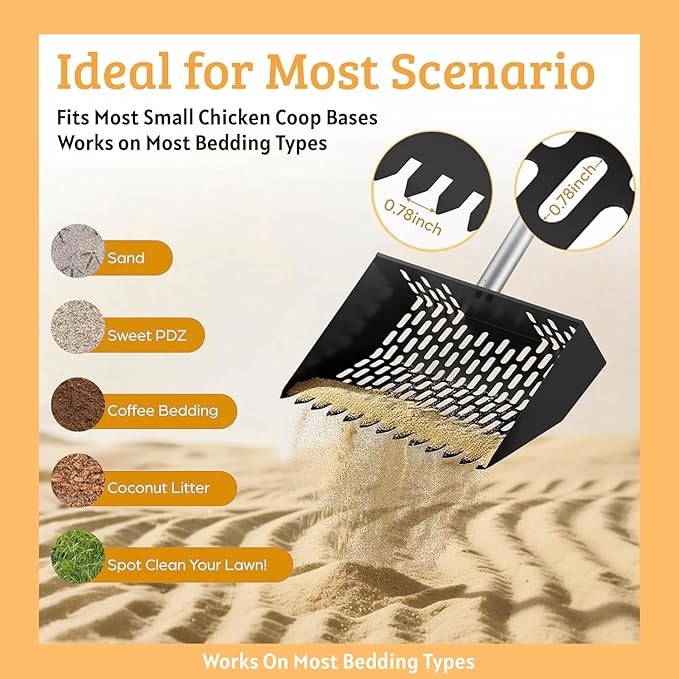 Metal Chicken Poop Scooper & Rake 2-in-1 Stainless Steel Shovel Head & Adjustable Handle with Ergonomic Grip Durable Sand Sifting Litter Shovel for Chicken Coops & Small Farm Animals