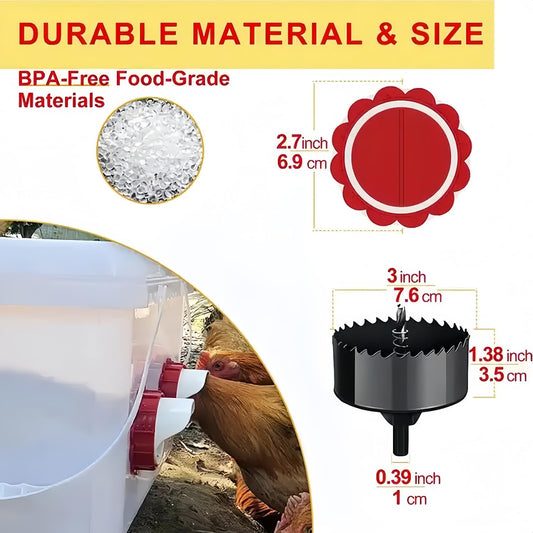 DIY Chicken No Waste Automatic Poultry Chicken Feeder Port 8 Ports 1 Hole Saw with Covers Gravity Feed Kit,Rain Proof Chicken Feeder/Plastic Poultry Feeder Kit for Buckets Barrels Bins Troughs