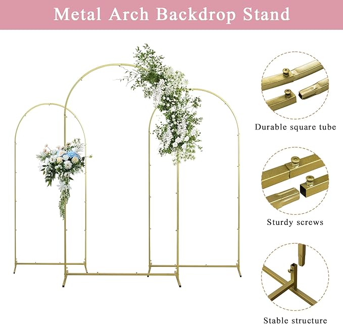 Wedding Arch Backdrop Stand, Gold Metal Arch Backdrop Stand for Wedding Baby Shower, Birthday, Anniversary, Graduation Garden Balloon Arch Decoration (Gold-5.9+6.6+7.2ft)
