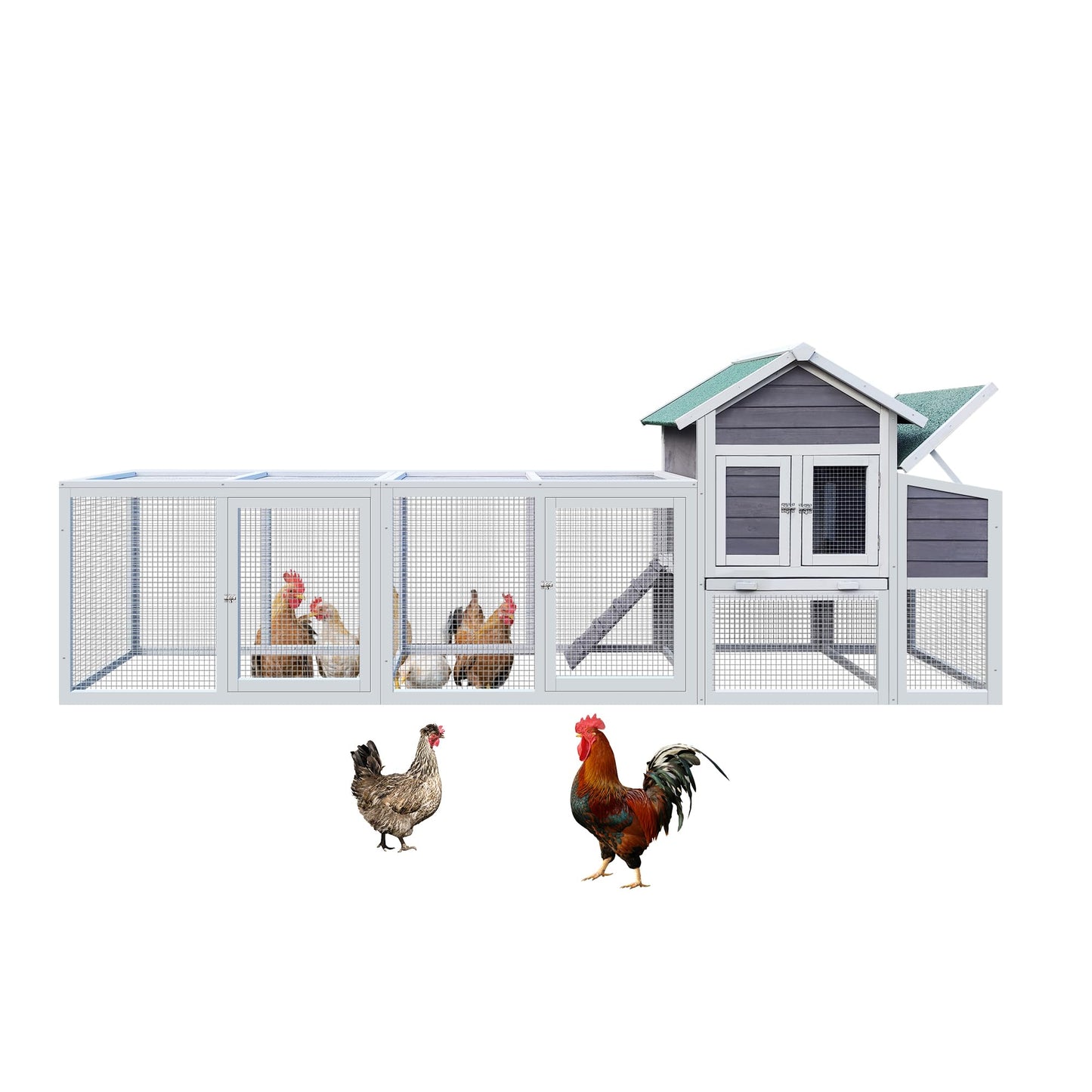 123'' Large Chicken Coop with Run, Wooden Hen House for 3-5 Chickens, Outdoor Chicken Run Poultry Cage Rabbit Cage Duck House with Nesting Box, Ramp & Pull-on Tray