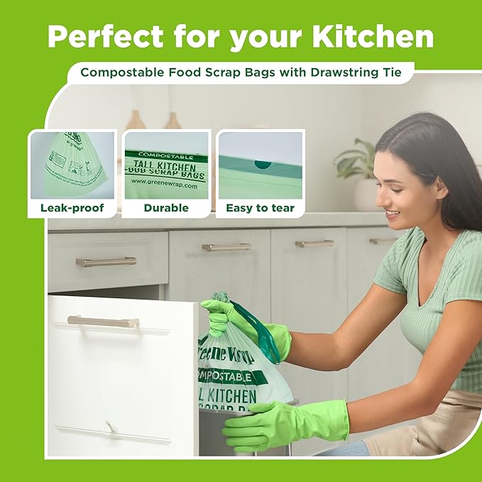 13 Gallon Compostable Trash Bags Liner with Drawstring, Heavy Duty Extra Thick 1 Mil, 49.21 Liter, 30 Bags, Tall Kitchen Food Scrap Waste Bag, BPI and OK Compost Home Certified, ASTM D6400