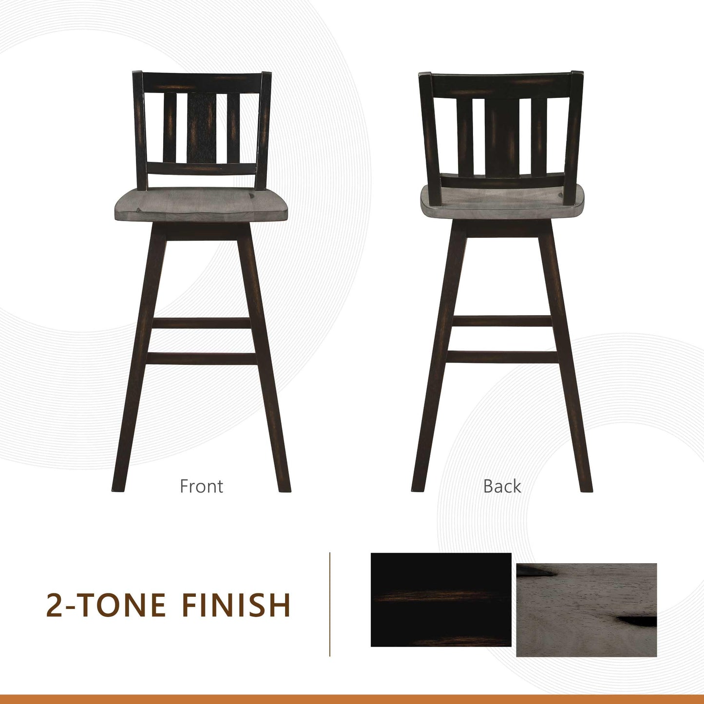 Bar Height Bar Stools Set of 2 - Solid Wood High Back 360° Swivel Wood Stool Pub Height, Foot Rest, Slat Back, Wide Seat, Distressed Farmhouse Easy to Clean Finish, 29 Inch Seat Height Chair Black