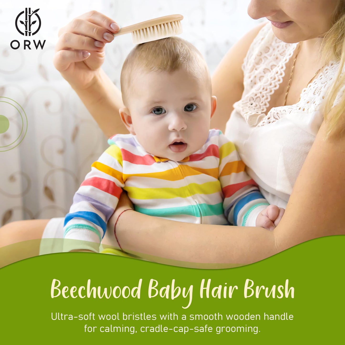 ORW OREN’S Baby Hair Brush - Perfect for Newborn, Toddlers, Infants, Girls & Boys - Beechwood Handle & Goat Hair White Bristle Brush for Gentle Scalp Grooming, Cradle Cap Relief
